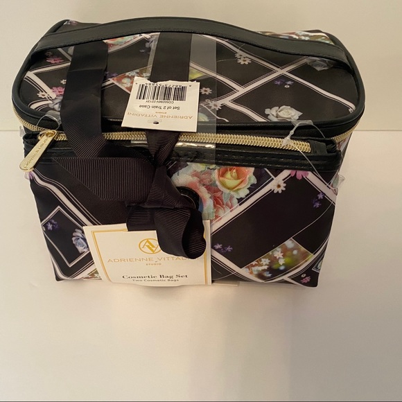 ADRIENNE VITTADINI COSMETIC BAG SET NEW 2 PC TWO PIECE BLACK WHITE FLORAL NWT - Picture 1 of 9